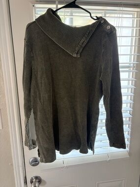 Leo & Nicole Olive Waffle-Knit Asymmetrical Collar Sweater